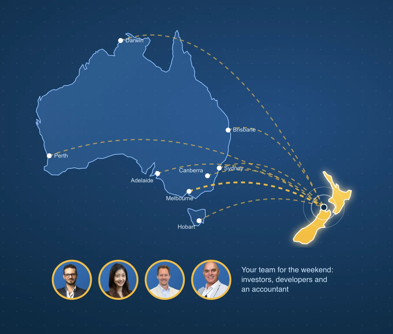 Map showing Australian cities connecting to New Zealand, with the masterclass team