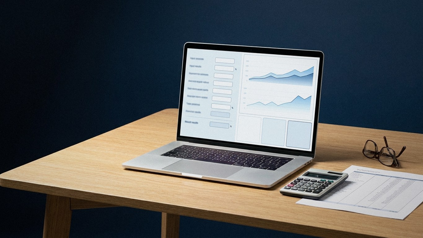 A laptop showing a property calculator with charts, beside a calculator and a printed spreadsheet